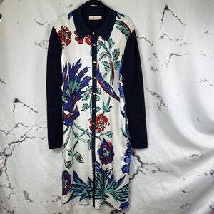 Tory Burch Silk Front Dress Navy Sweater Collar Floral Button-Front Long Sleeve